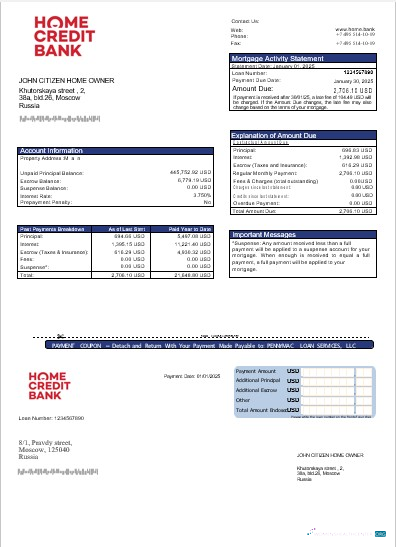 Download Russia Home Credit bank mortgage statement in Word and PDF formats Photoshop template